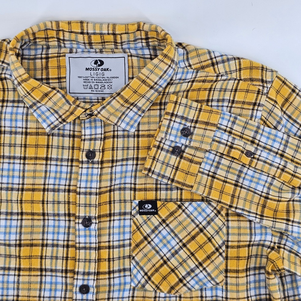 Mossy Oak Flannel Button Down Shirt Mens Large Yellow Blue Plaid‎ Long Sleeve